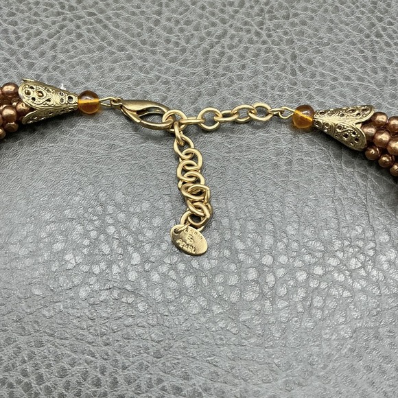 ERWIN PEARL Multi Strand Brown Amber Glass Bead Necklace Gold Tone Layered - Picture 6 of 8
